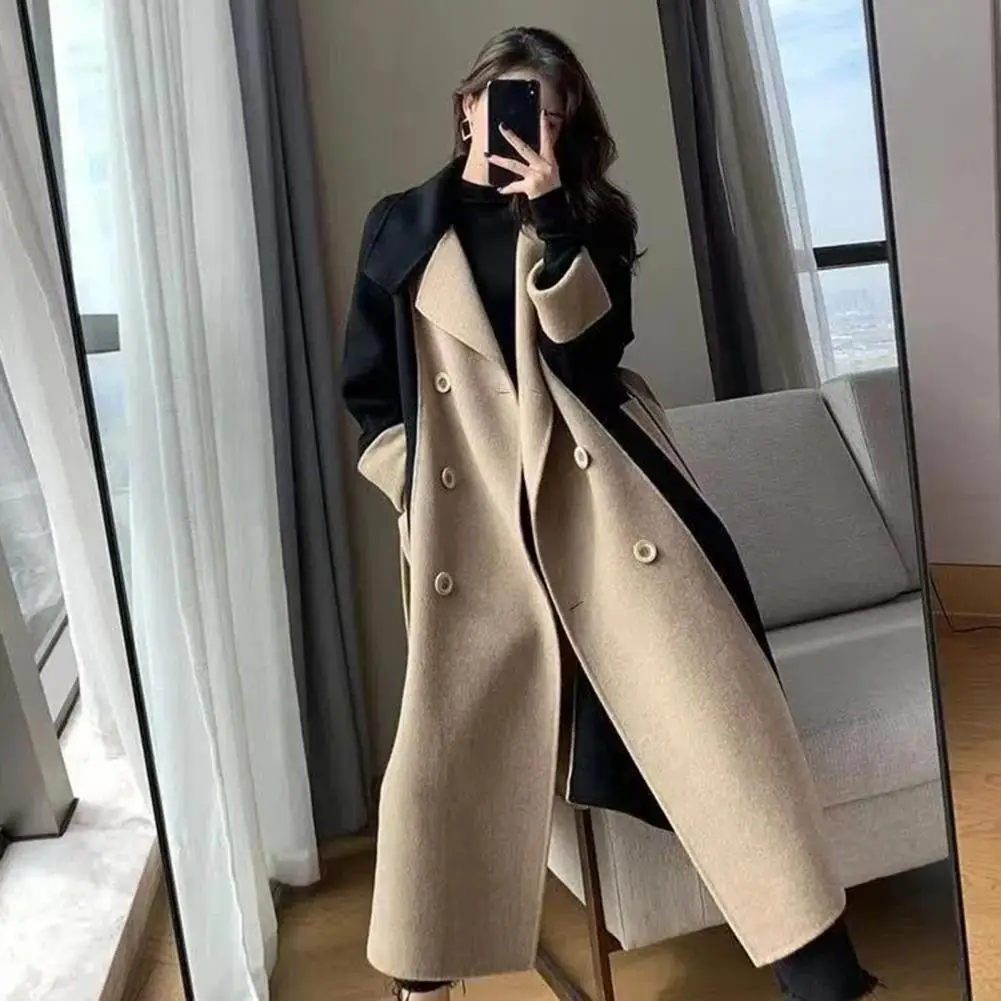Mid Length Woolen Coat Double Breasted Double Sided Women Lapel Turn Down Collar Solid Color Pockets Winter Office Thicken Set