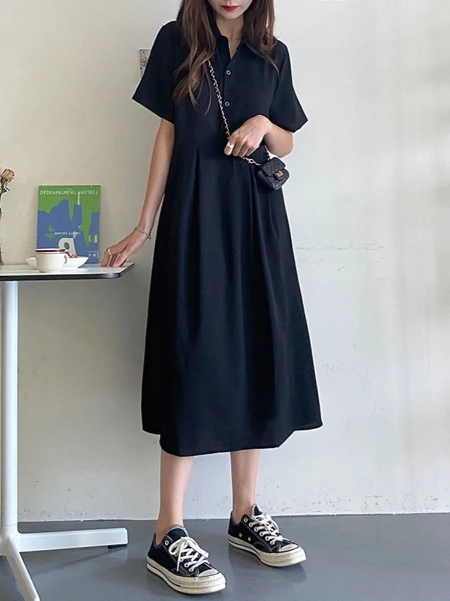 

plus Size Women's Dr Summer Casual Loose A-Line Midi Dr Korean Sle Pure Color Button Detail ort Sve Dr