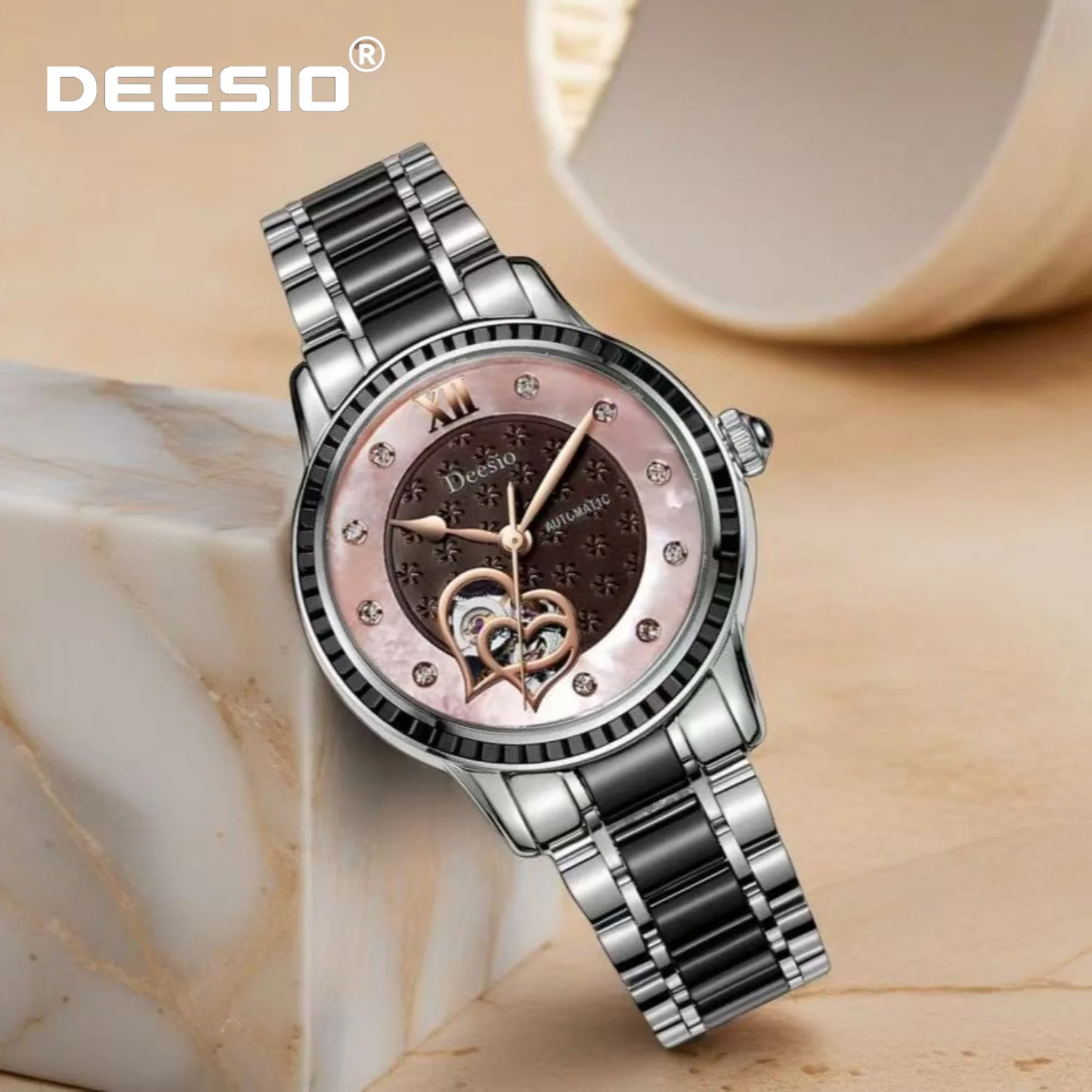 Deesio Ladies' Automatic Mechanical Watch,Flower Hollow Watch,Stainless Steel,Elegant Watch,Waterproof Watch,Love Women Gift