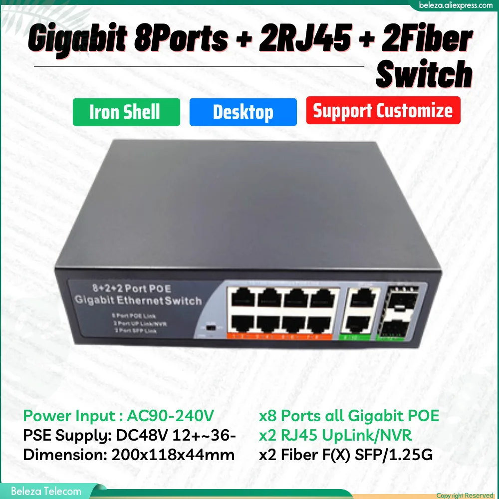 

x8 Ports GIGA Switch 10/100/1000Mbps 4P+1+1 Gigabit Fiber Network Switch Lan Hub High Performance Ethernet Smart Switcher