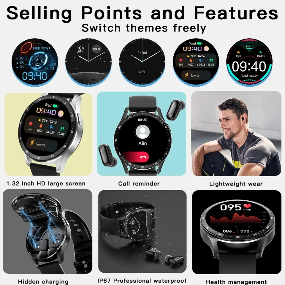 GEJIAN X7 Headset Smart Watch TWS TWS Two In One Wireless Bluetooth Dual Headset Call Health Blood Pressure Sport Music Smartwatch