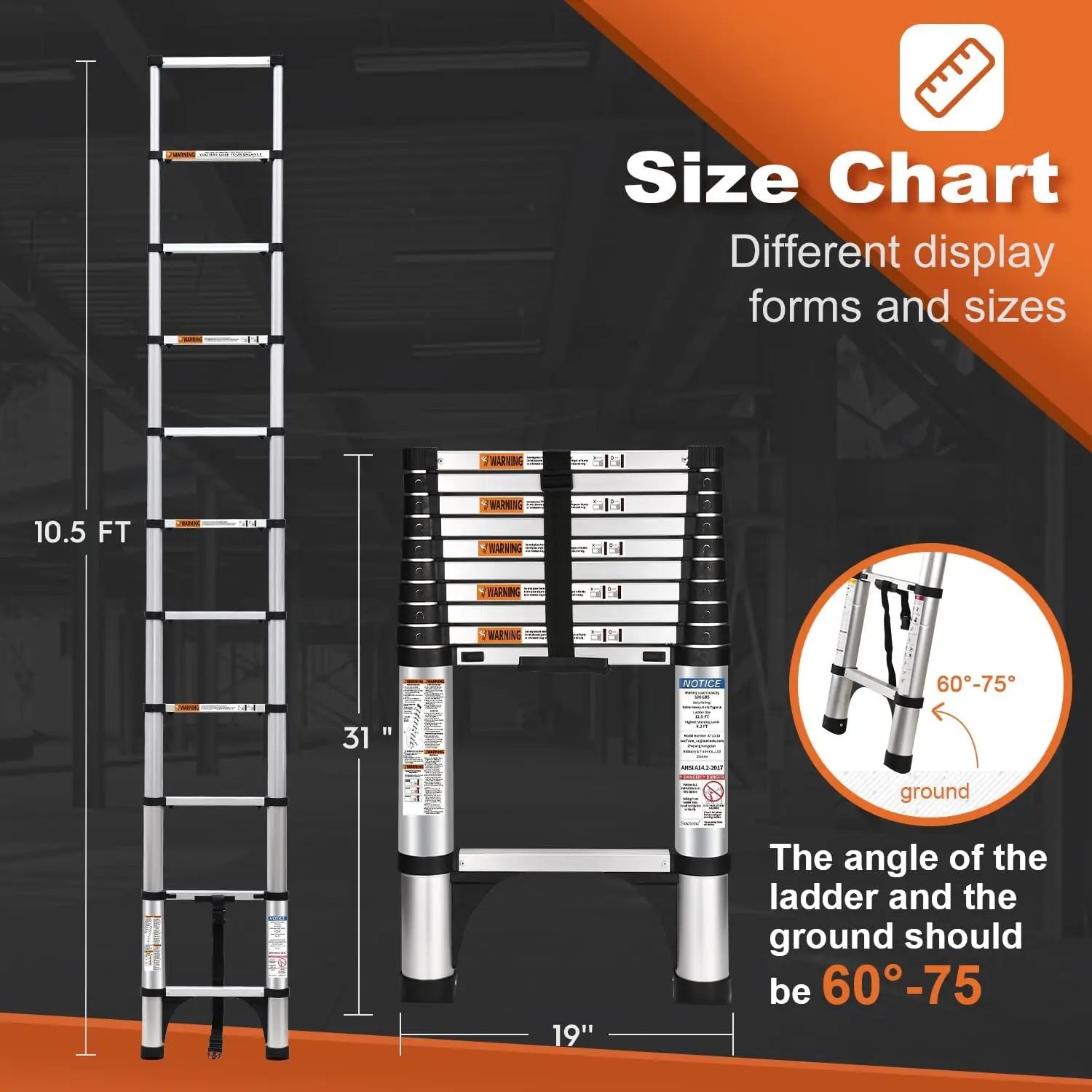 Soctone Escalera telescópica Botón de 10,5 pies Escalera de extensión de aluminio de retracción 2 Estabilizadores triangulares multiusos 330 libras máx.