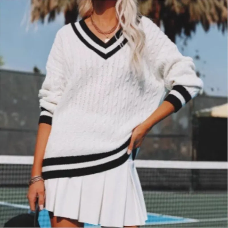 

Осень-зима вязаный свитер с v-образным вырезом, женский повседневный свободный крой, лоскутный пуловер, женский повседневный пуловер с длинными рукавами, женские