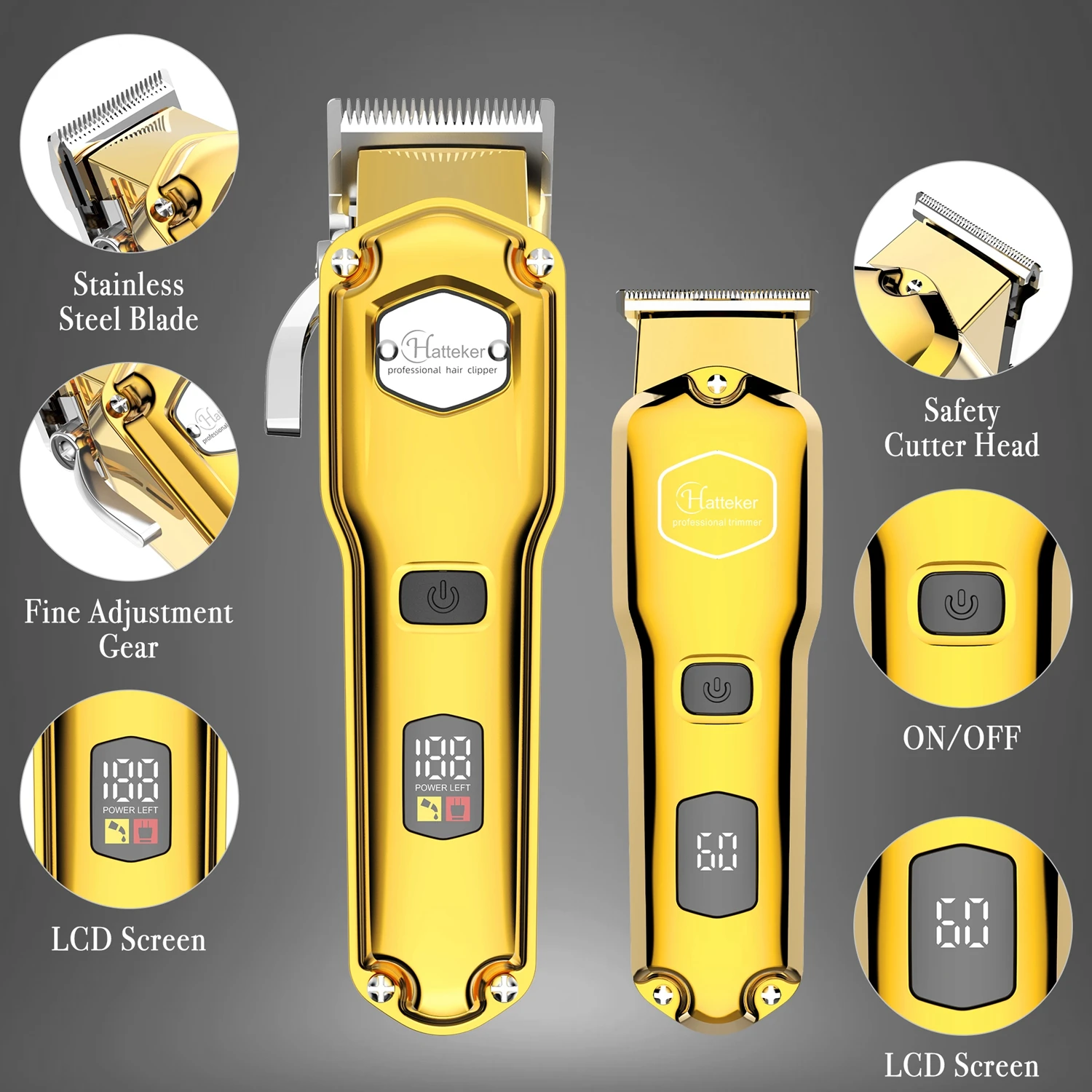HATTEKER Professional Cordless Hair Clipper for Men Metal Barber Kit with Trimmer - Hair Cutting Set for Precision Cutting - view 3