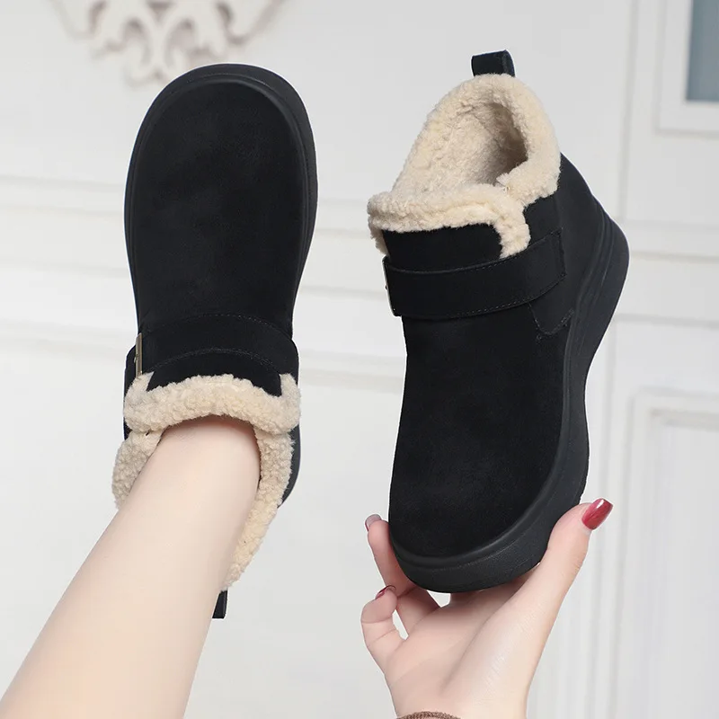 レトロで快適なカジュアルシューズ、スエードアンクルブーツ、2025年冬、レディース厚底フラットプラットフォームシューズ、暖かいファー付きスノーブーツ、デイリーユース