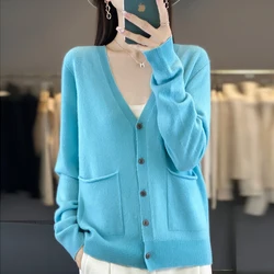 Maglione cardigan in lana 100% di nuova moda maglione con scollo a V lavorato a maglia da donna autunno inverno tinta unita doppie tasche abbigliamento basic femminile