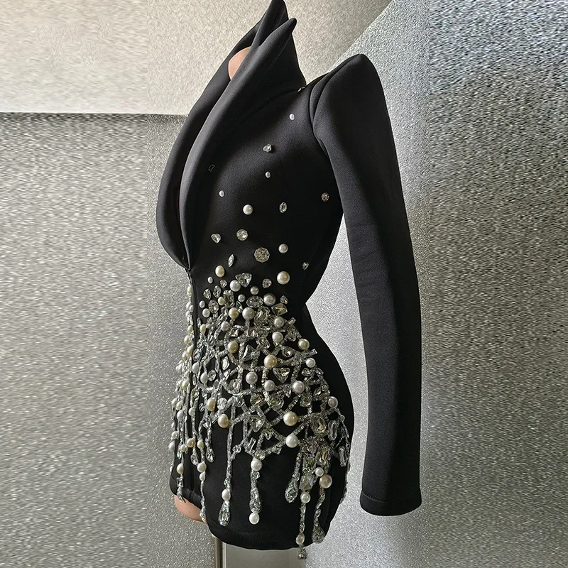 Women's Pearls  Elegant Suits Jackets Rhinestone black short dress mini club bar party birthday performance drag queen costume