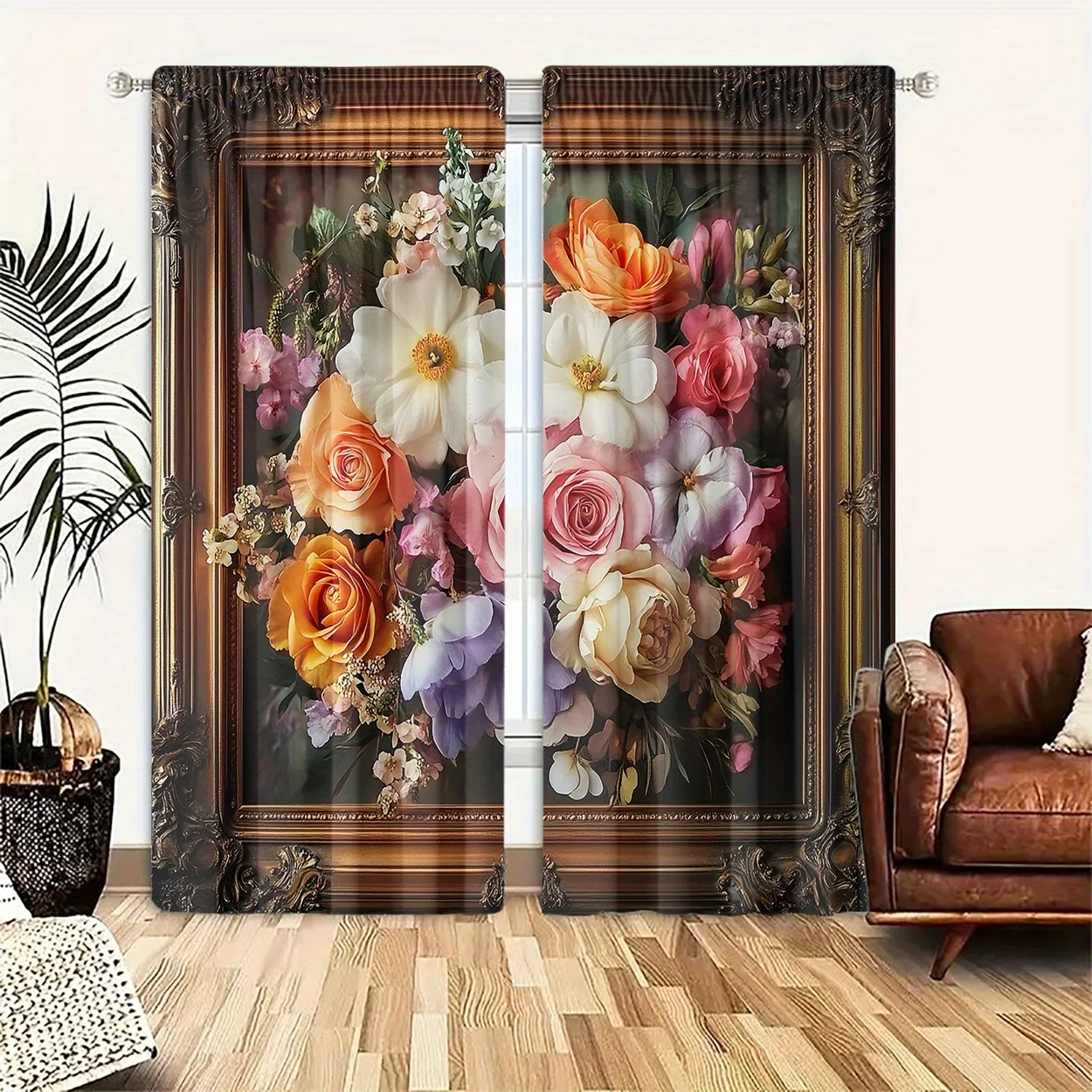 Vintage Frame Rose Floral Curtain 2 Panels, Oil Painting Mixed Bloom Antique Carved Frame Dark Print, Drapes for Bedroom Curtain