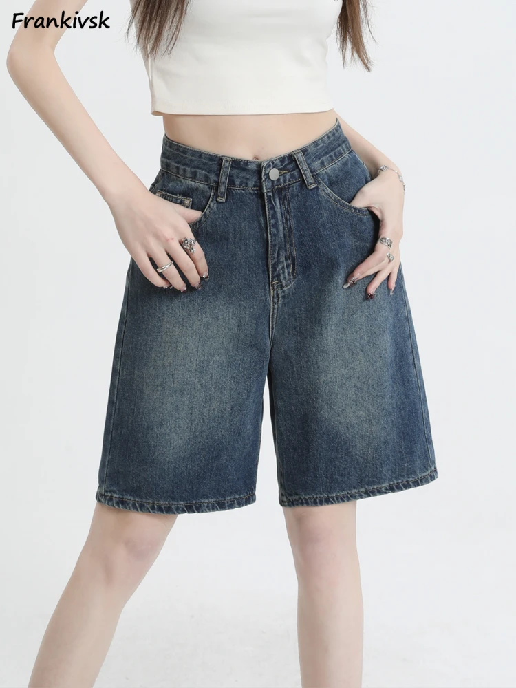 Denim Shorts Women Loose Japanese Style Spring Summer Knee Length Washed Vintage Streetwear Office Lady 2023 High Waist Fahion