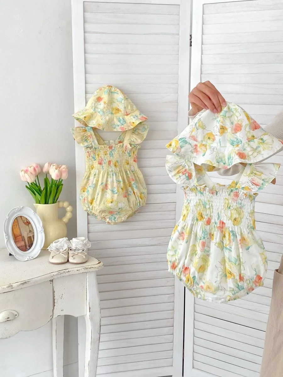 

INS Summer Baby Girl Clothes 0-2Years Newborn Princess Fly Sleeve Flower Romper Cotton Bodysuit Hat 2PCS Outfits Sunsuit