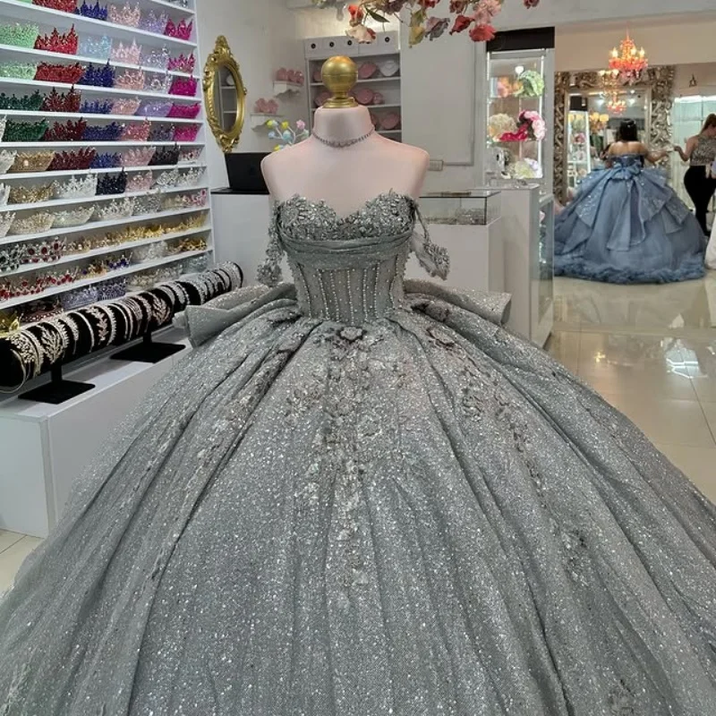 

Shiny silvery Quinceanera Dress Lace off-shoulder crystal decal 3D flower Long tail Tull Bow vestidos de 15 Quinceanera ﻿Custom