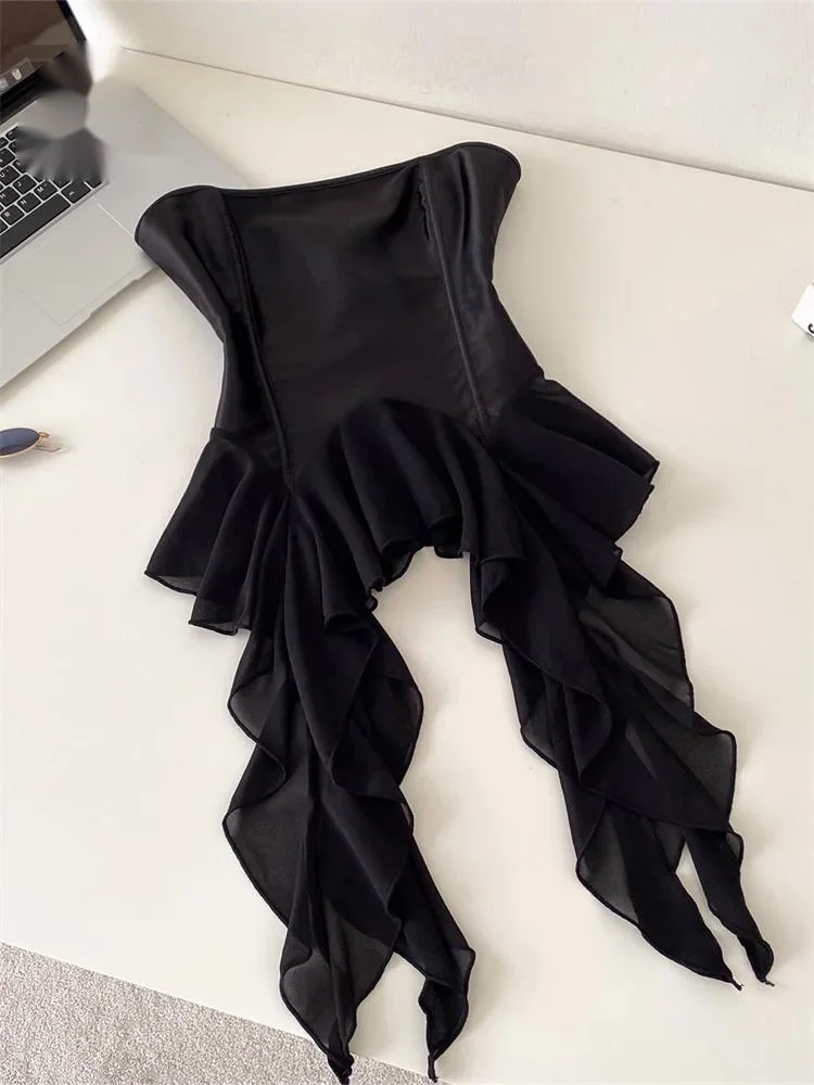 Sexy Strapless Corset Camisole Summer Female Ins Lace Up Slim Flirty Clubwear Top Ruffle Senior Party Bodycon Tank Top