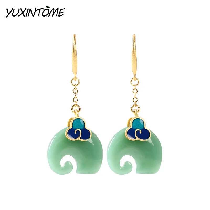 

925 Sterling Silver Needle Classic Retro Burnt Blue Xiangyun Elephant and Hetian Jade Earrings Women's Elegant Gentle Jewelry