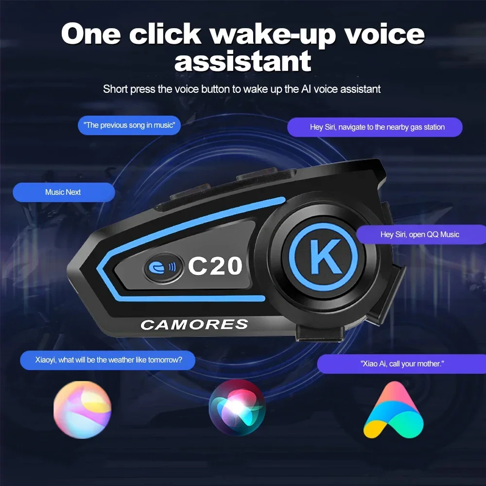 C20 Bluetooth Motorcycle Helmet Headset Stereo Hands Free Call Waterproof Roise Reduction Earphone with Tri-Color Ambient Light image 3
