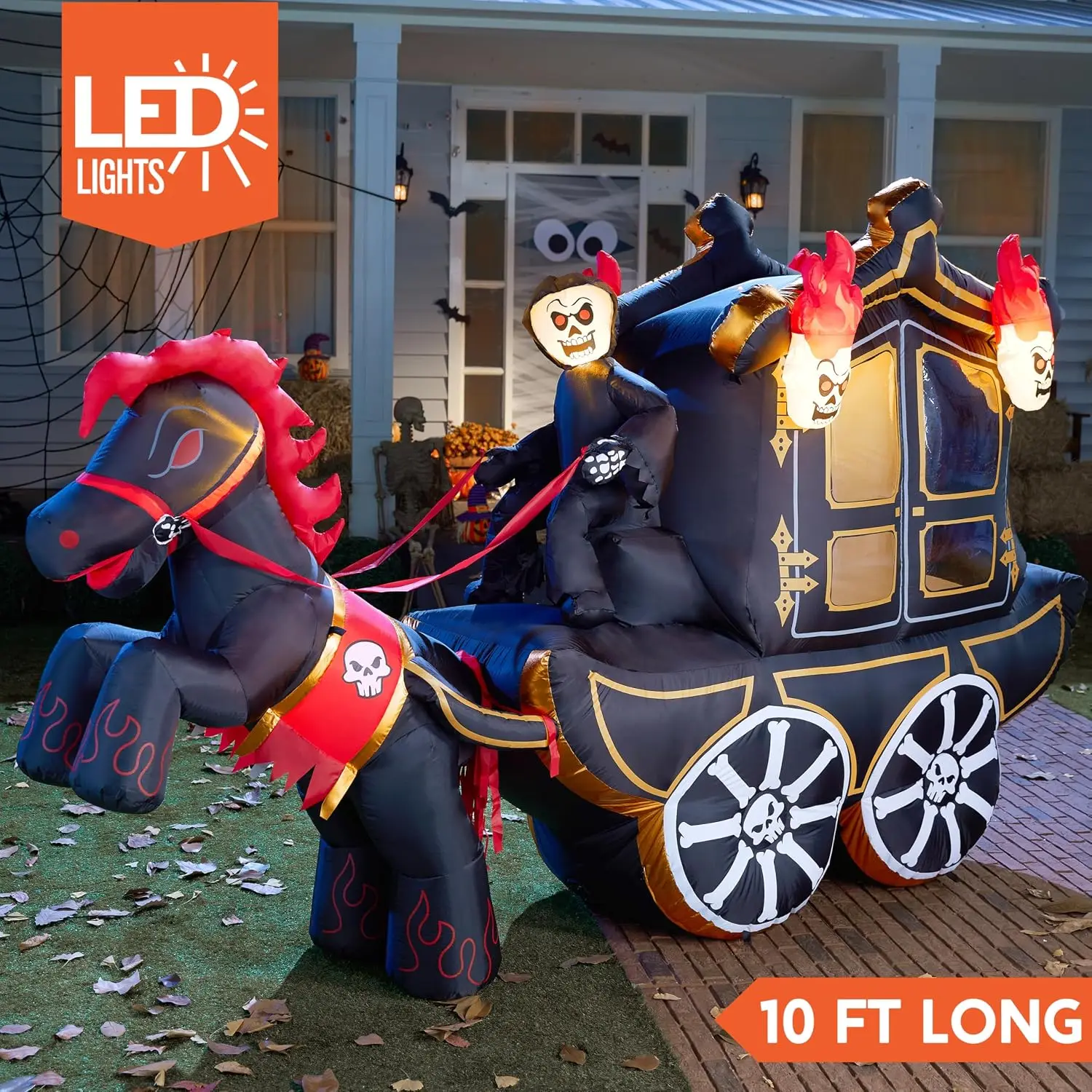 Halloween Inflatable Carriage 10ft with Hellfire Design, Built-In LED Lights, Blow Up for Outdoor Yard, Garden, Lawn Party Decoration