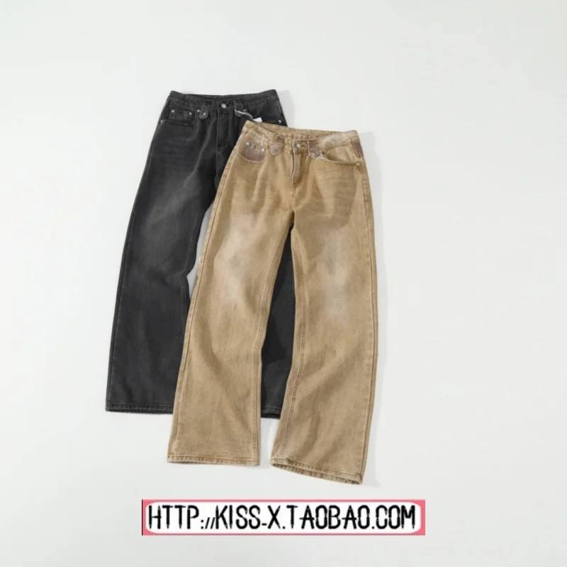 

Cleanfit Distressed Washed Spliced Straight Leg Bell Bottoms Jeans Couple's Casual mid Waist Denim Trousers