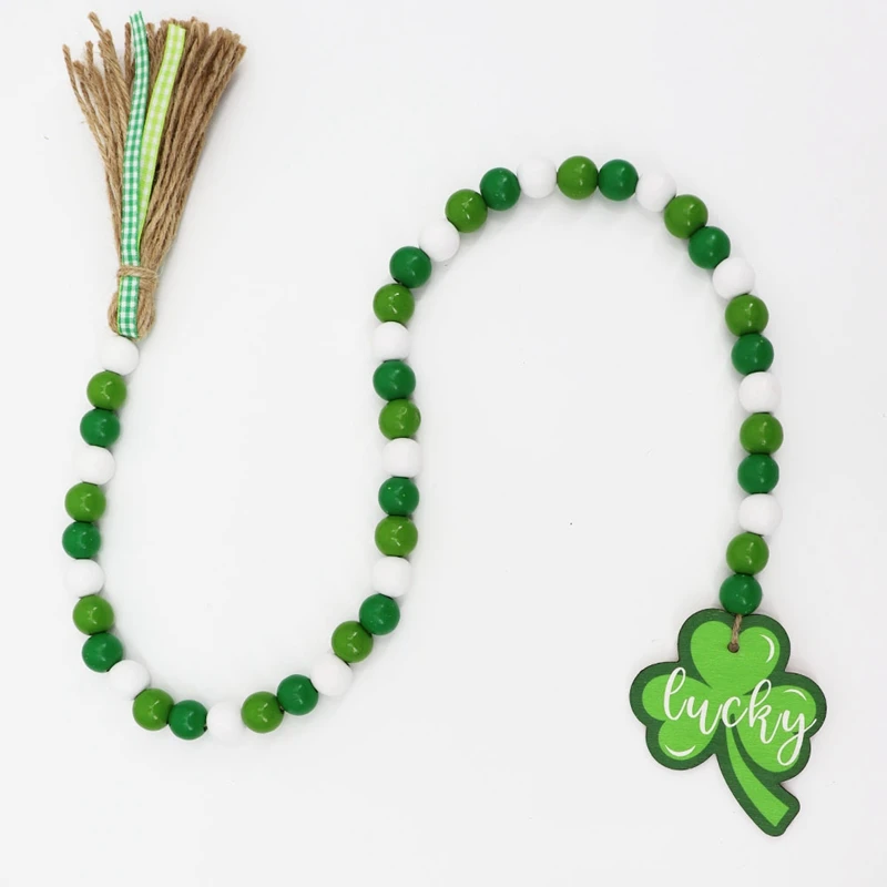 2 Pieces Saint Patrick Day Wood Bead Garland Tassel Garland Farmhouse Rustic Prayer Beads For St.Patrick Day Decor