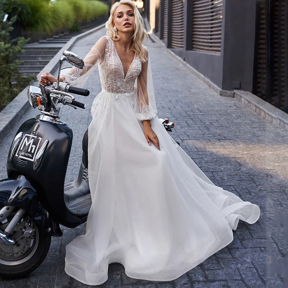 Vestidos de casamento de organza personalizados ilusão rendas apliques lantejoulas até o chão vestidos de noiva simples linha a manga completa robe branco