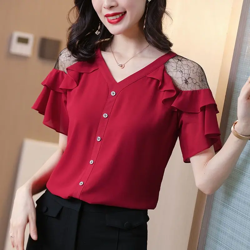 Office Lady Loose Stylish Ruffles Spliced Shirt Summer Off Shoulder Elegant Lace Hollow Out Female Clothing V-Neck Button Blouse