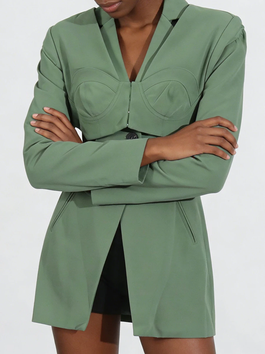 VGH Solid Slimming Design Sense Blazers For Women V Neck Long Sleeve Spliced Button Autumn Temperament Hollow Out Coat Female