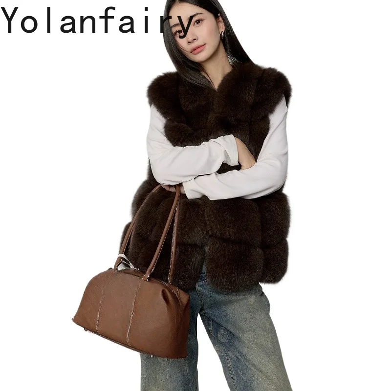 YOLANFAIRY Luxury 100% Real Fox Fur Jacket Women Winter Sleeveless Elegant Waistcoat for Woman Clothes Natural Fluffy Furry Coat