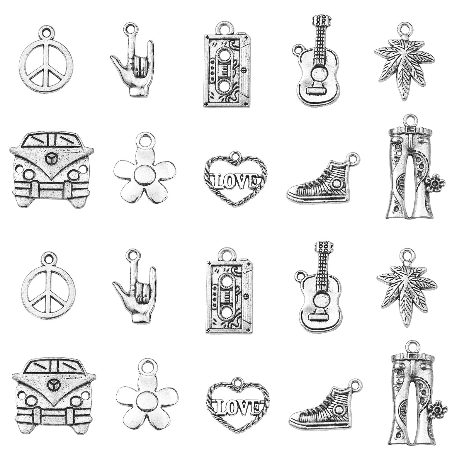 100Pcs 10 Styles Tibetan Hippie Charms Antique Silver Trouser Heart Peace Sign Charms Stylish Charms for Jewelry Making DIY