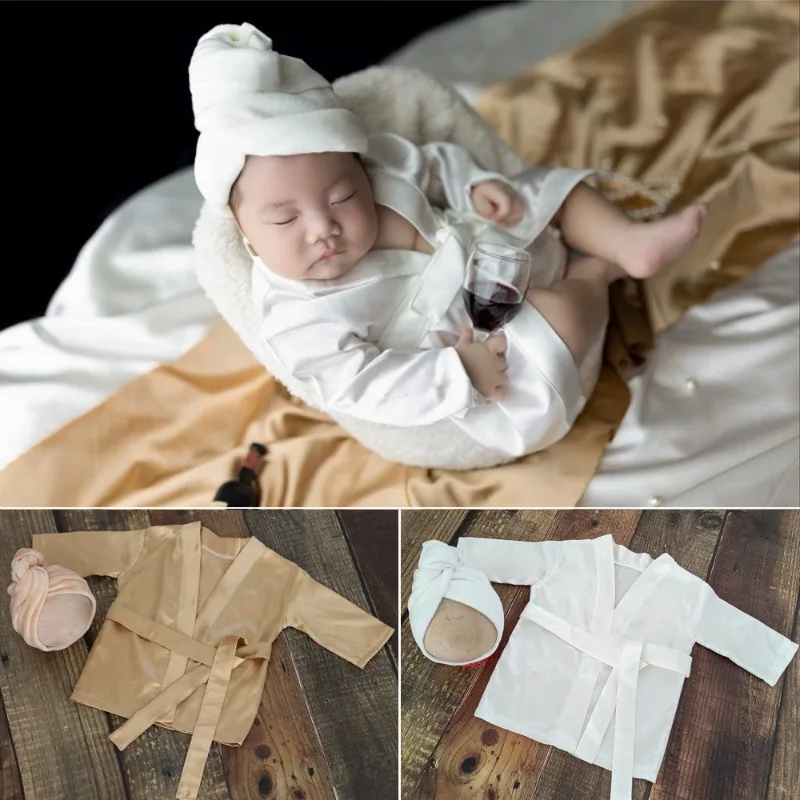 New Newborn Photography Outfit Baby Soft Silk Bathrobe Shower Cap Set Baby Photoshoot Clothing Outfits Fotografie Accessories