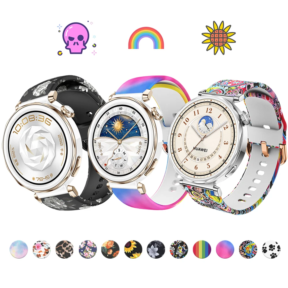 18mm Printed Strap for Huawei GT5 41mm/GT5pro 42mm Sunflower/rose/Rainbow Silicone Strap for Huawei Watch GT4 41mm  Watchband