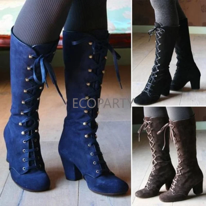 2023 Black Boots Women Shoes  Knee High Women Casual Vintage Retro Mid-Calf Boots Lace Up Thick Heels Shoes Women Boots