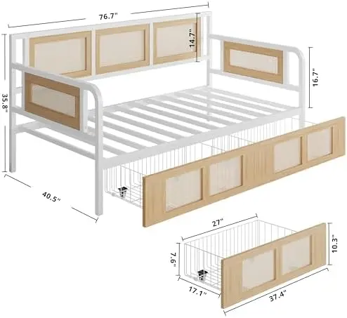 Twin Daybed, Day Bed Frame with 2 Storage Drawers | Rattan Boho Corner Bed Frames with Strong Supports, Sofa DayBed for