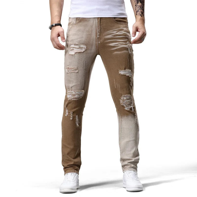 Distressed Men's Pants Retro Nostalgic Color Block Design Jeans Trendy Street Style Colorful Stylish Skinny Pants