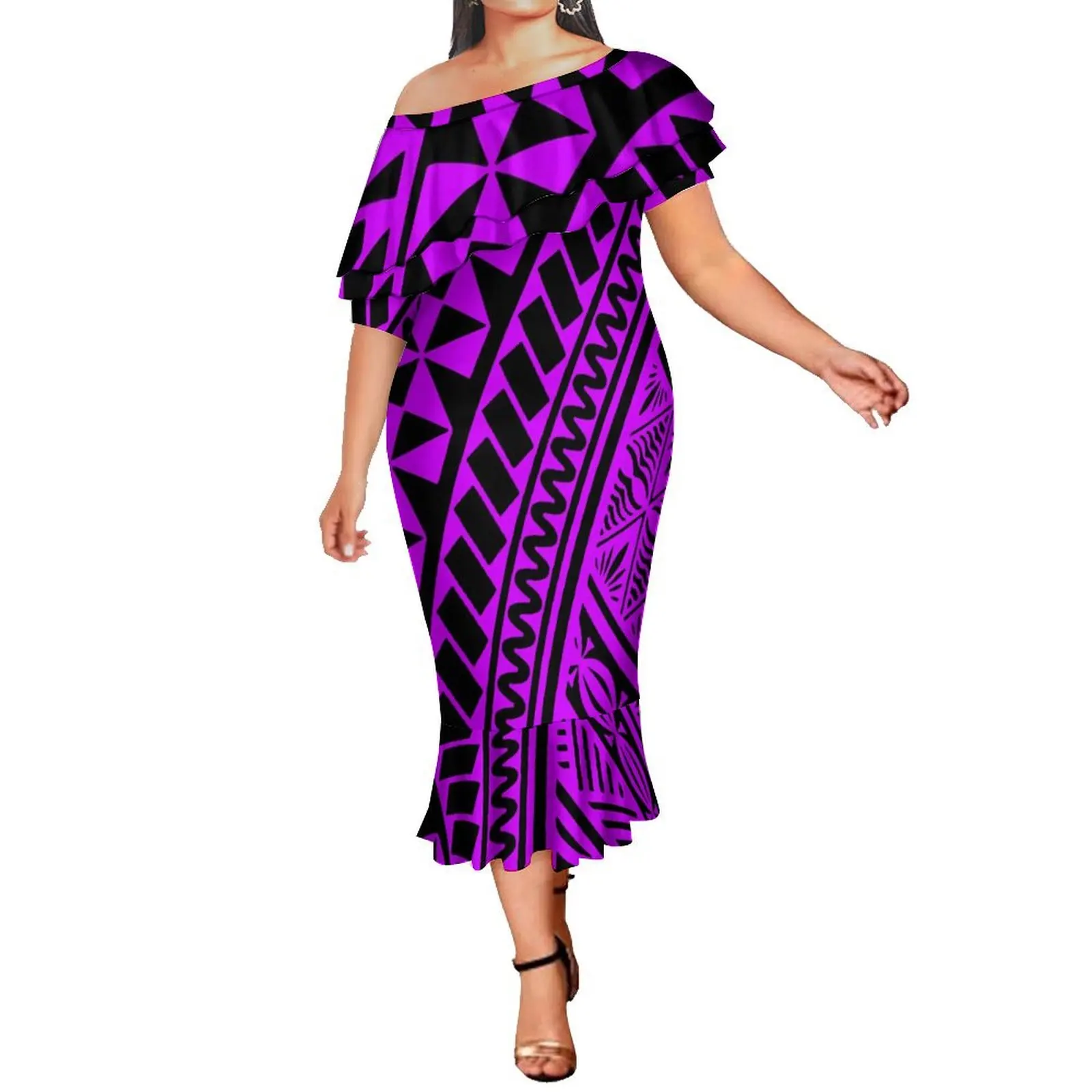 Stylish Sexy Ladies Fishtail Dress Polynesian Tribal Style Print Custom Pattern Design Ladies Summer Ruffled Dress