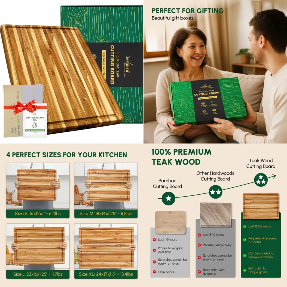 

Large Teak Wood Cutting Board with Juice Groove and Hand Grip, Ideal for Kitchen, Serving, and Charcuterie, Perfect Christmas Gi