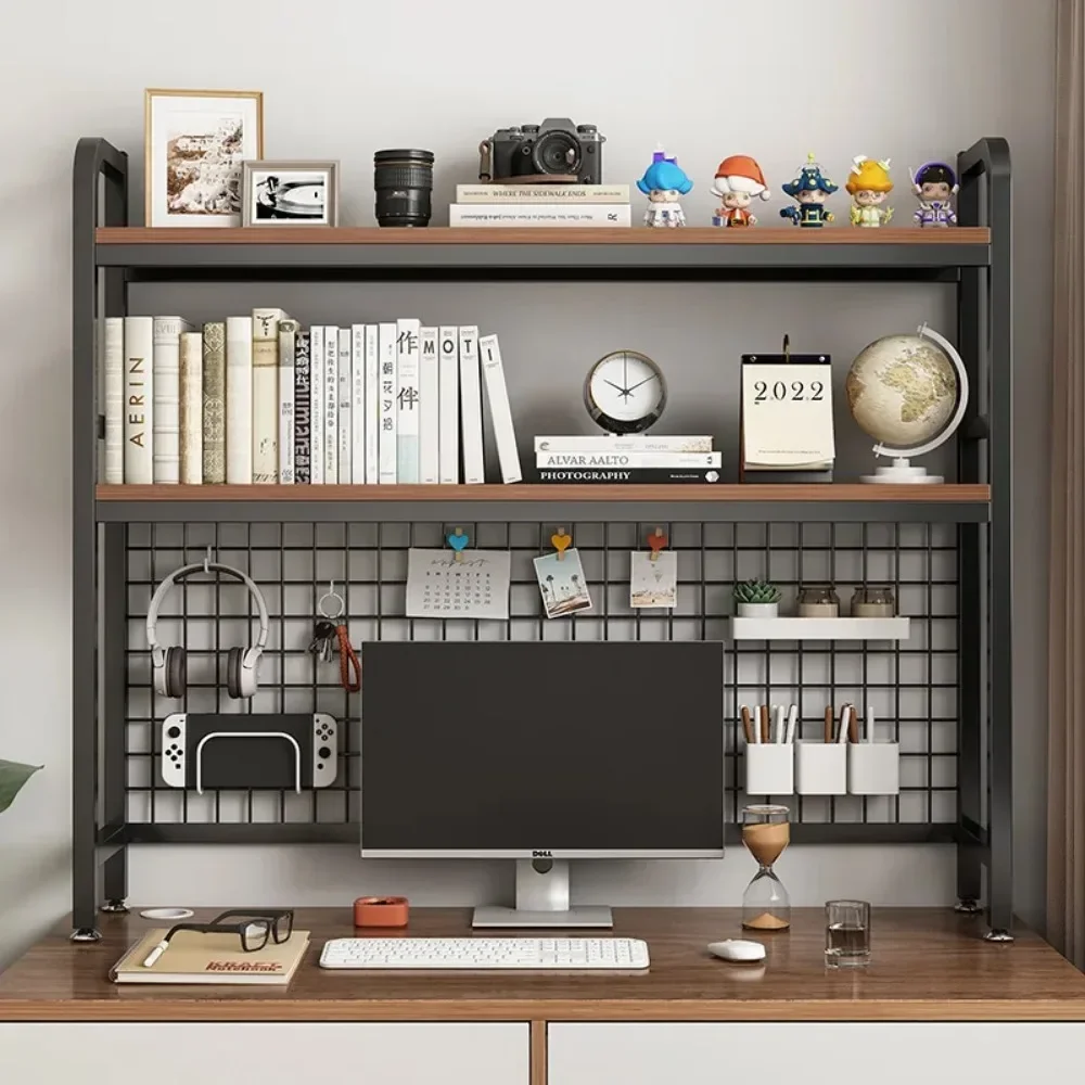 Bookcase With Grid Bookshelf Student Computer Desk Table Hole Board Table Wooden Shelves Desktop Multi-layer Wrought Iron Shelf