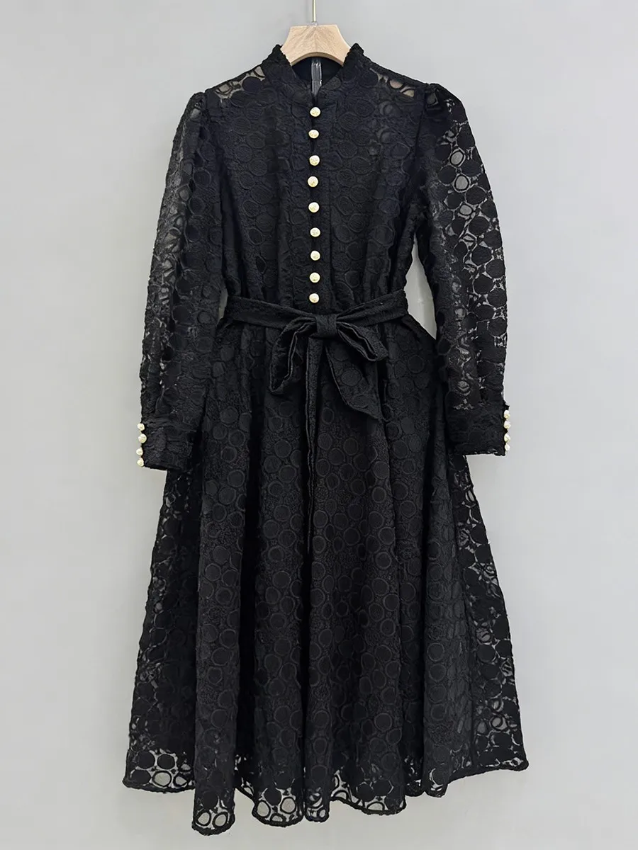 Robe minimaliste à pois ondulés en tissu transparent et uni TWOTWINSTYLE pour femmes, col rond, manches longues, patchwork, boutons, robes pour femmes