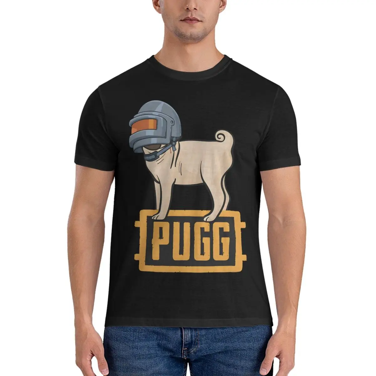 Men Cute Pug Wearing Level 3 Helmet Lightweight T Shirt PUBG 100% Cotton Clothing Novelty Short Sleeve Crew Neck Tee Shirt