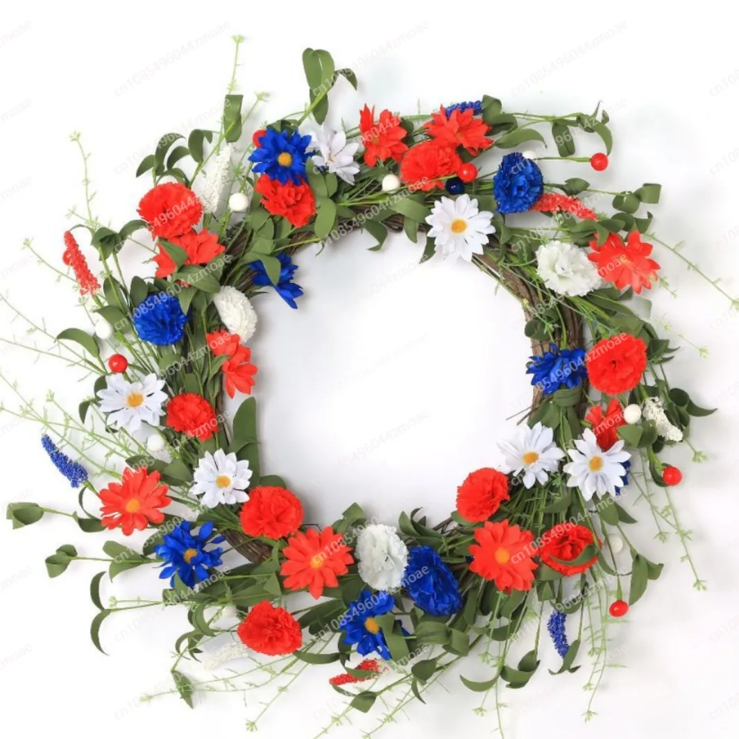 花輪-7月4日-愛国的な花輪-玄関ドアの花輪-ドア吊り下げ-独立記念日の装飾-国旗の花輪