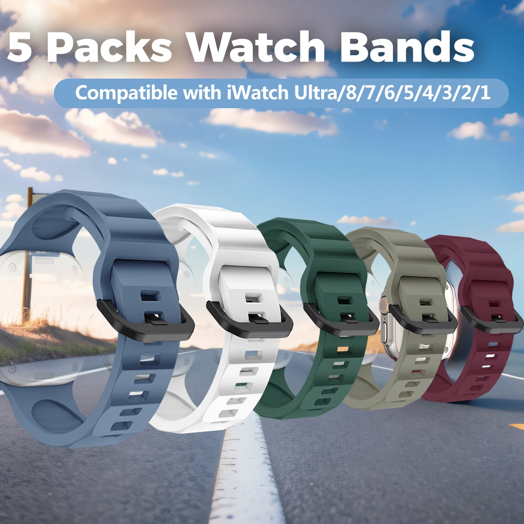 

5 Sporty Silicone Bands for Apple Watch Ultra 49mm 45mm 46mm 44mm 40mm 41 38mm iWatch Series 10 9 8 7 6 5 4 SE