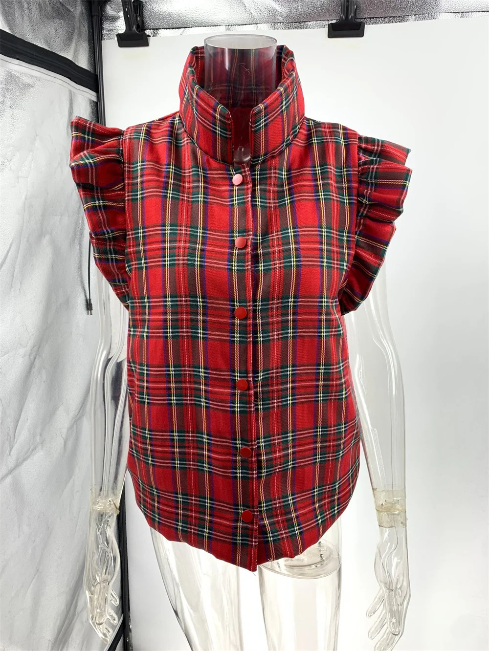 Women Red Plaid Printed Ruffles Pleated Flying Sleeve Vest Autumn Winter Stand Collar Sleeveless Pockets Waistcoat Outwear