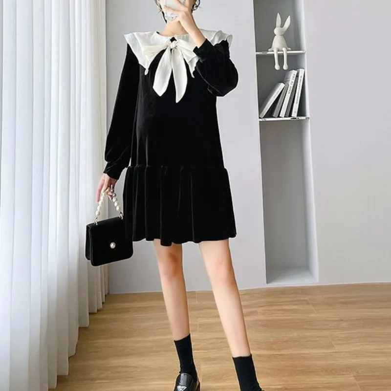 

Butterfly Collar Age Reducing Sweet Robe Femme 2024 Spring Autumn New Korean Fashion Vestido Velvet Design Sense Black Dress