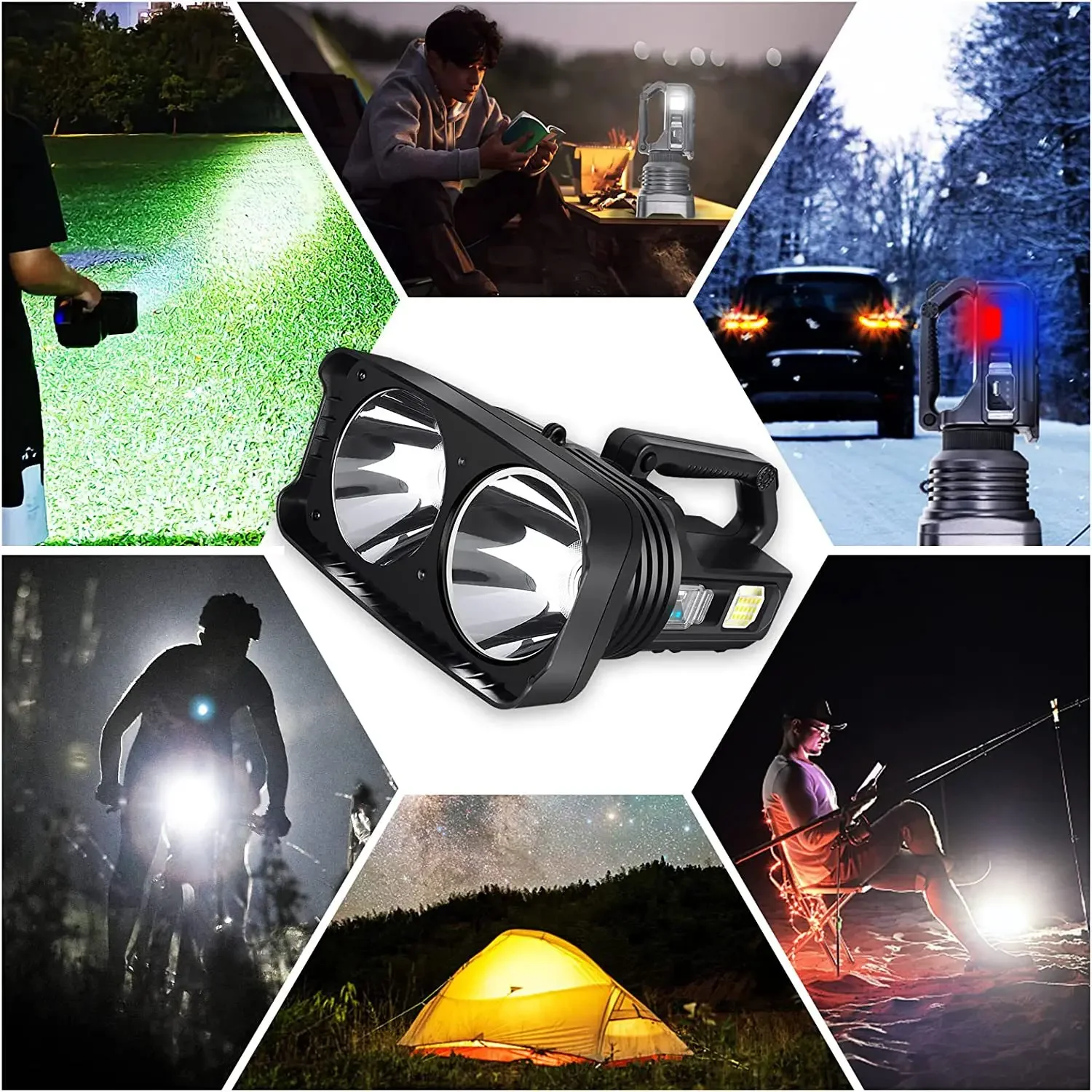 Powerful Dual Head LED Searchlight 2*XHP50 Waterproof Spotlight USB Rechargeable Super Bright Outdoor Flashlight With Side Light