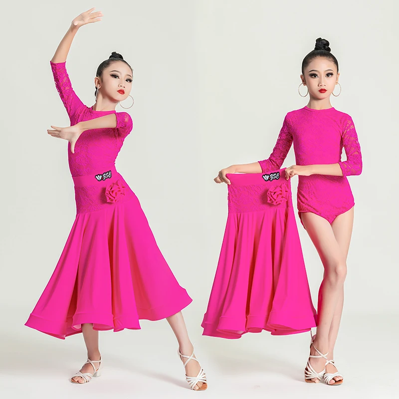 New National Standard Ballroom Dance Costume Girls Rose Red Latin Dance Dress Kids Party Performance Dancing Dresses SL9238