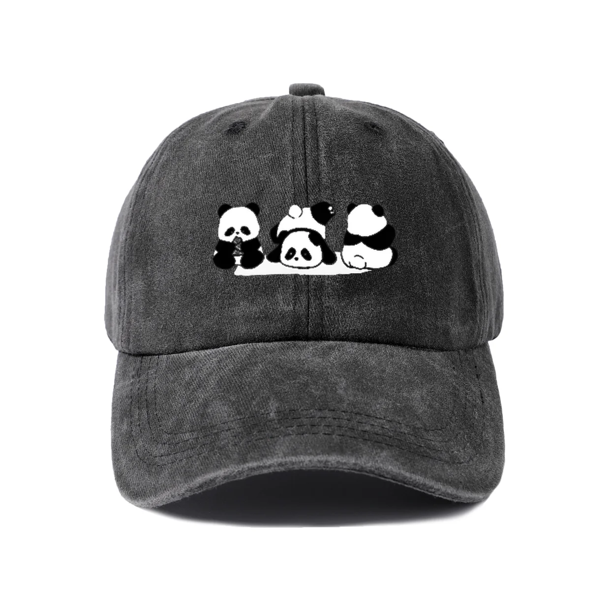 Vintage Washed Three Cute Pandas Baseball Cap, Adjustable Unisex Dad Hat, Kawaii Animal Lover Casual Gift