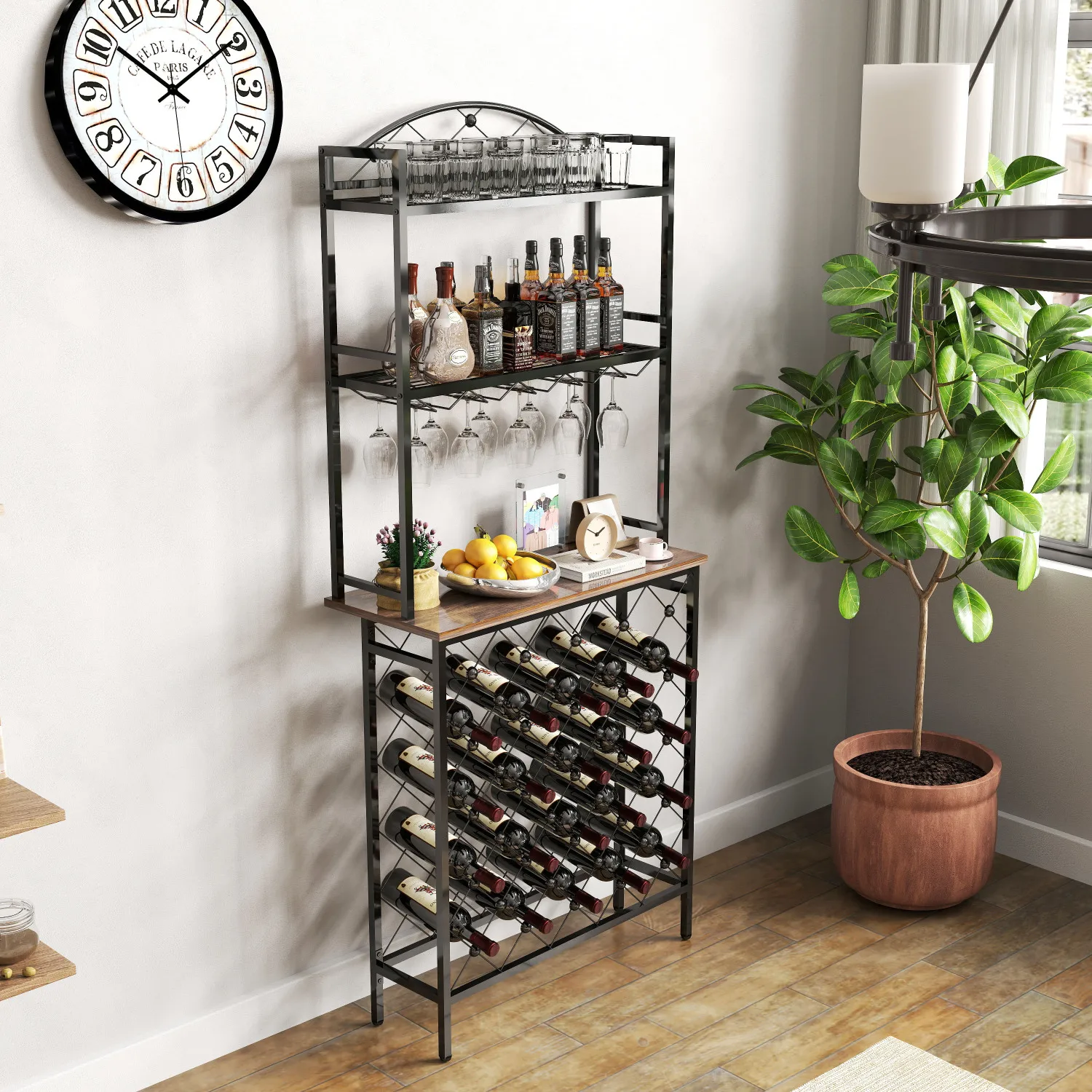 

Industrial Wine Rack Bar Table, 3-Tier Liquor Bottle and Glass Holder with Storage Shelves, Metal and Wood Wine Organizer for Ho