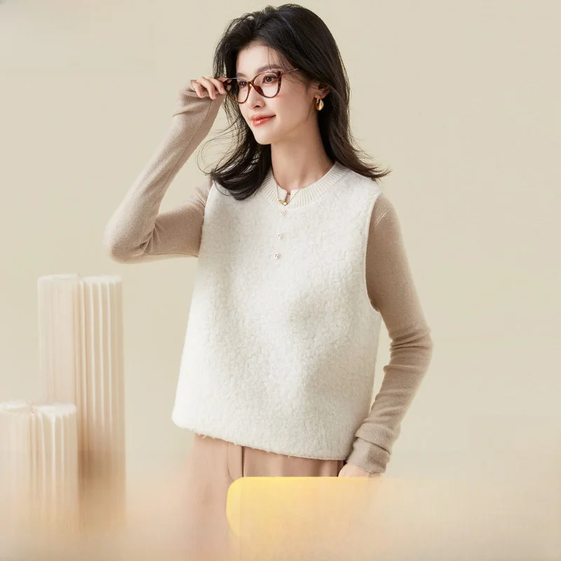 

Women's Thi Woolen Vest Pure Wool Svel round Ne Knitted Sweater Golden Cysanthemum Versatile Sle Autumn Faion