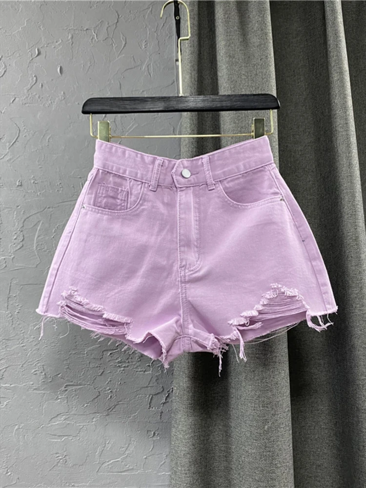 Pantaloni estivi a gamba larga di nuovo stile Pantaloncini di jeans strappati color caramello Pantaloni femminili a vita alta verde A-line Jeans da donna Pantaloncini caldi