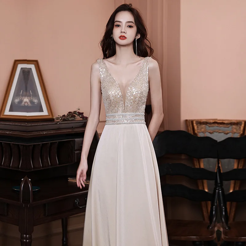 Customized Sequined Evening Dress 2024 New Sleeveless Banquet Dignified Temperament Slim Ladies Fashion Long Wedding Party Dress