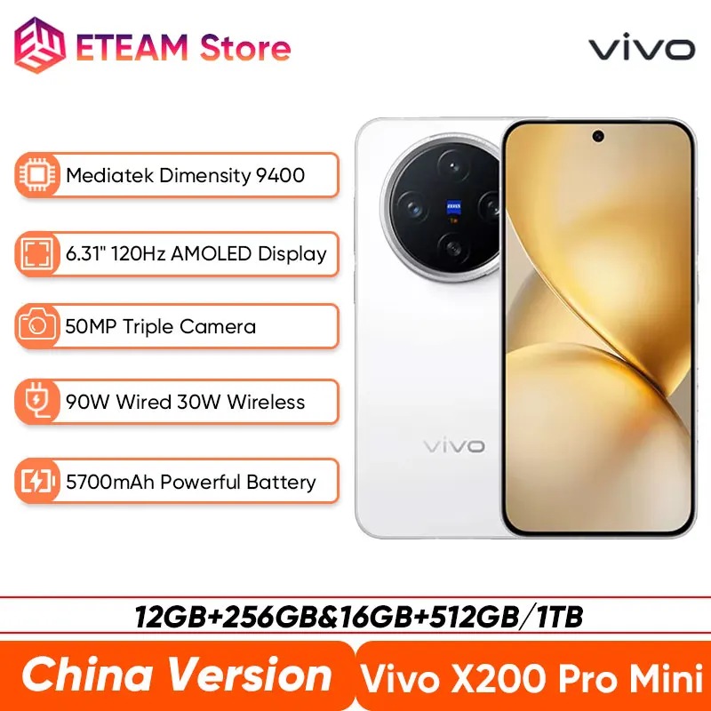 

Новый смартфон Vivo X200 Pro Mini 5G, 6,31 дюйма, AMOLED, дисплей 120 Гц, размер 9400, Android, 15,0 OTA, 50 МП, камера, 5700 мАч, 90 Вт, зарядка