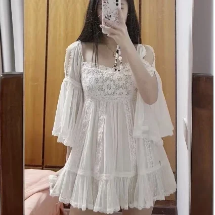 

Женское повседневное платье в японском стиле с квадратным вырезом, кружевом и эффектом похудения, свободного кроя, с коротким рукавом, модель H-силуэт