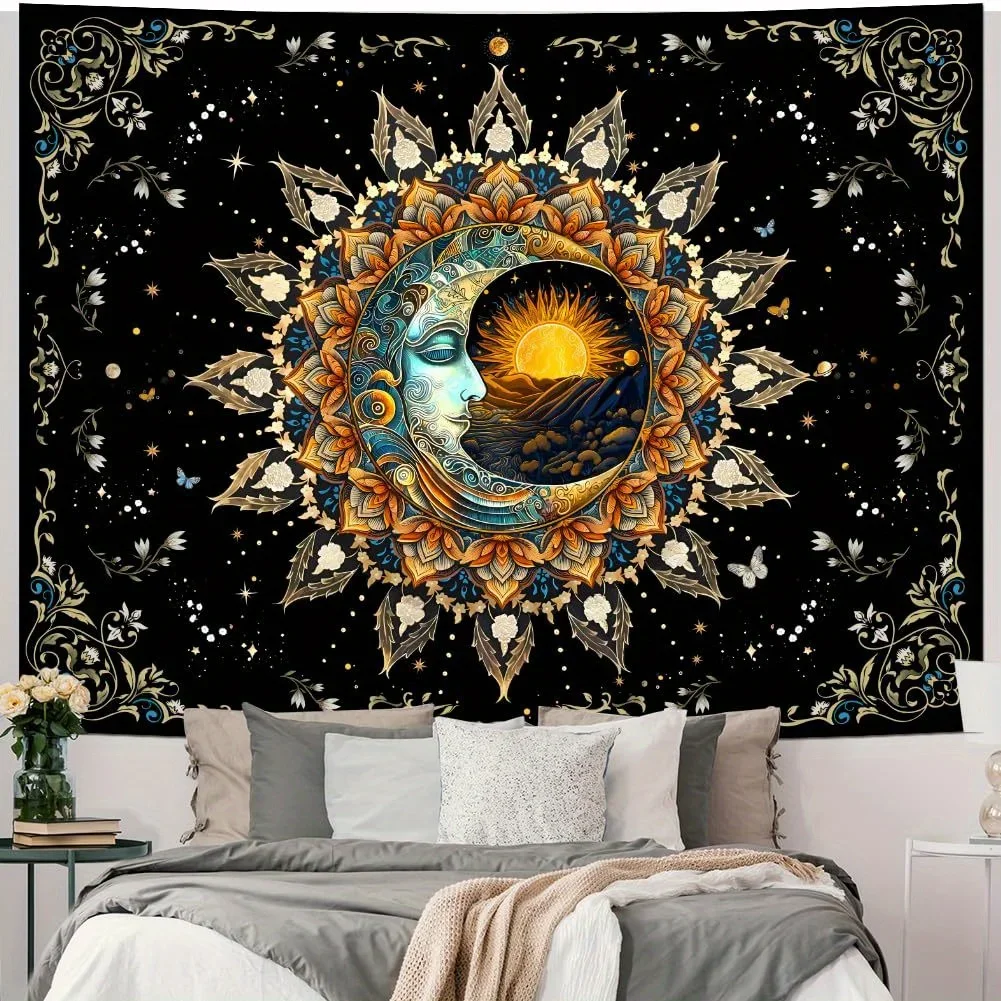 Moon and Sun Spiritual Mandala Tapestry Vintage Wall Hanging Decor with Black Floral Celestial Pattern